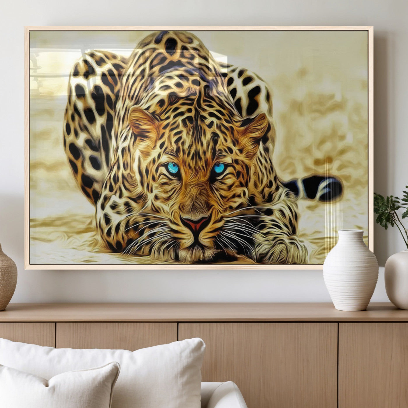 45281-MGV-FP-36X24-3P_Natural-Blue-Eyed Leopard Canvas Wall Art - Framed Animal Print Ready to Hang - Fierce and Bold Decor for
