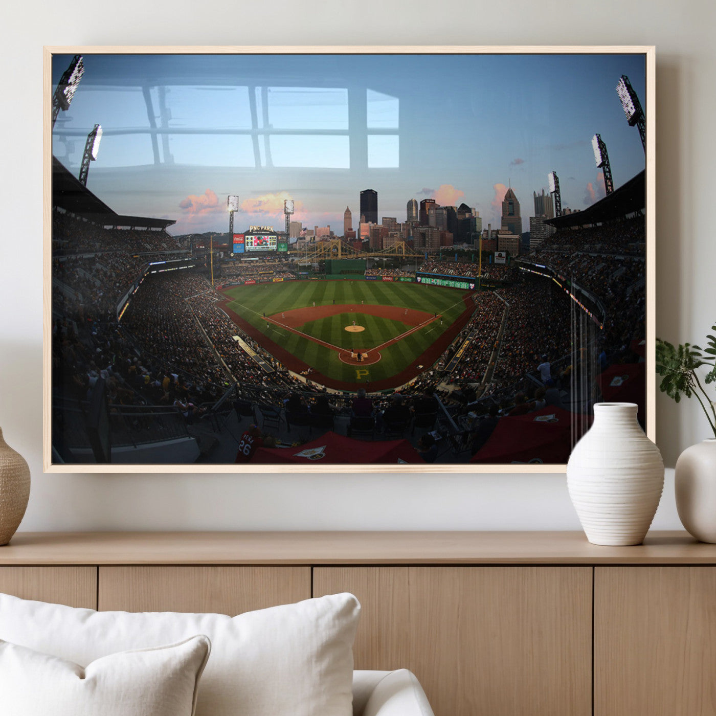 67670-MGV-FP-36X24-3P_Natural-PNC Park Evening Game Triple Canvas Wall Art - Pittsburgh Pirates MLB Match - PNC Park Stadium Wall