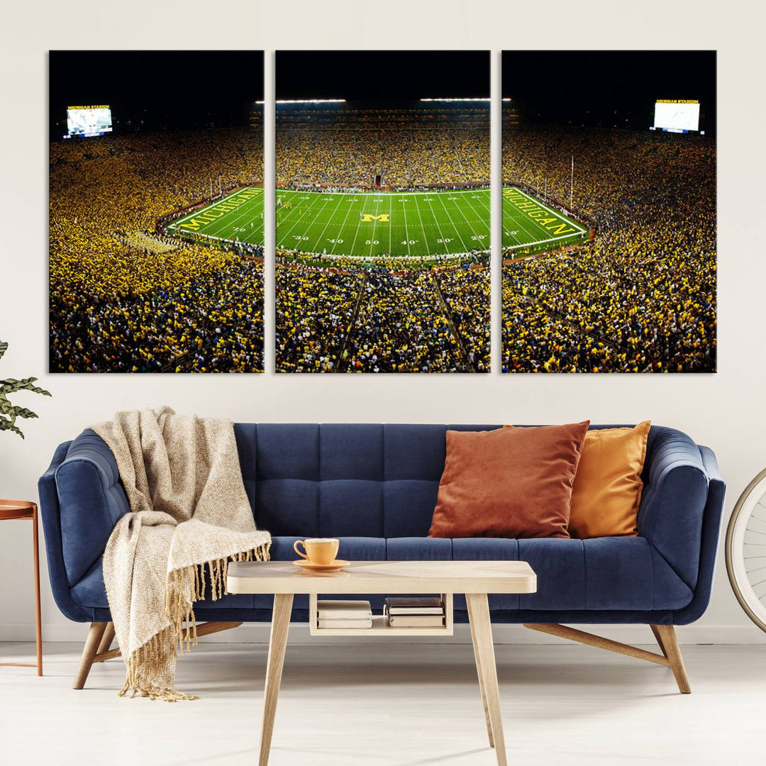 Michigan Wolverines Football Team Print - Michigan Stadium Night Game Triple Canvas Wall Art - University of Michigan Football Match