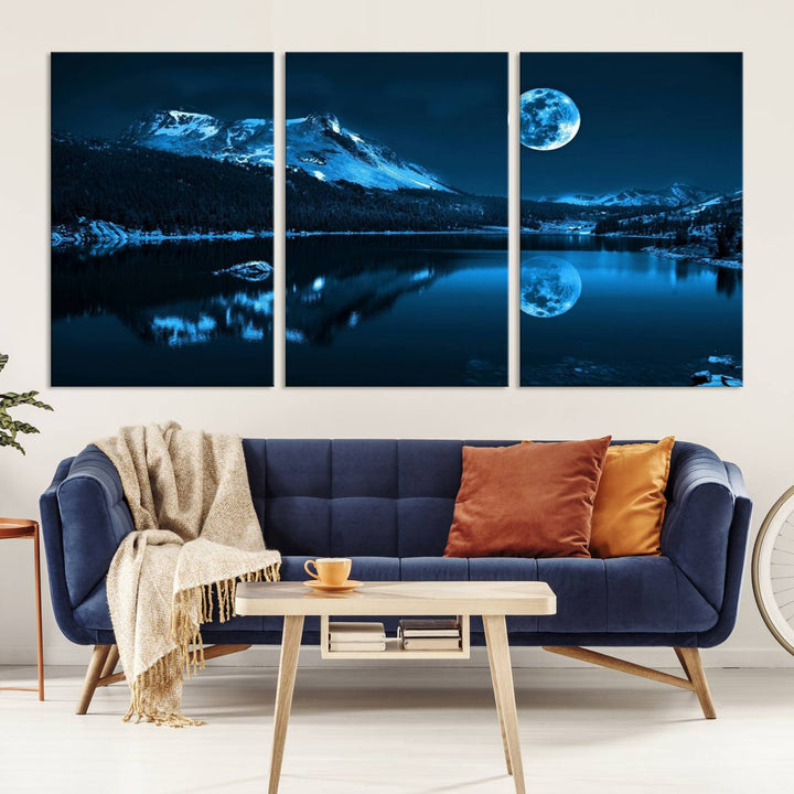 Blue Moon Mountain Lake Landscape Framed Wall Art Canvas Print