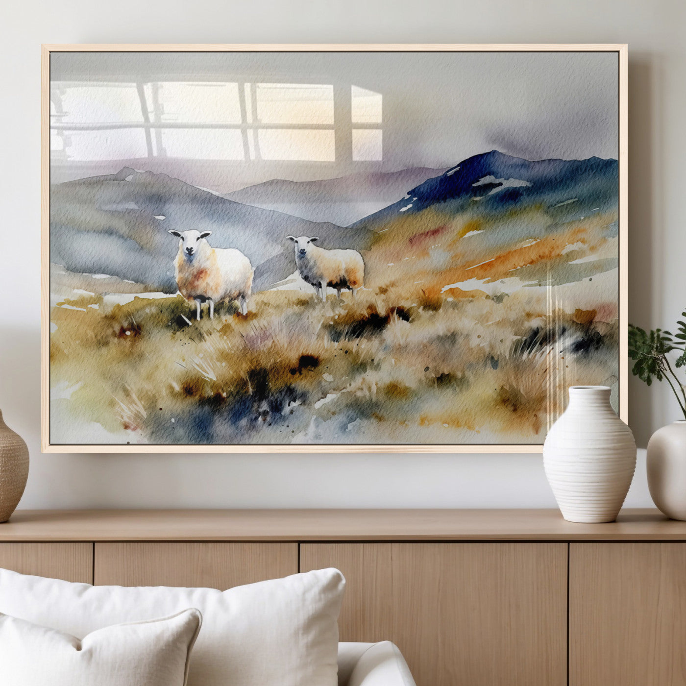 58145-MGV-FP-36X24-3P_Natural-Watercolor Sheep for Farmhouse Decor Wall Art Canvas Print, Mountain Wall Art Print