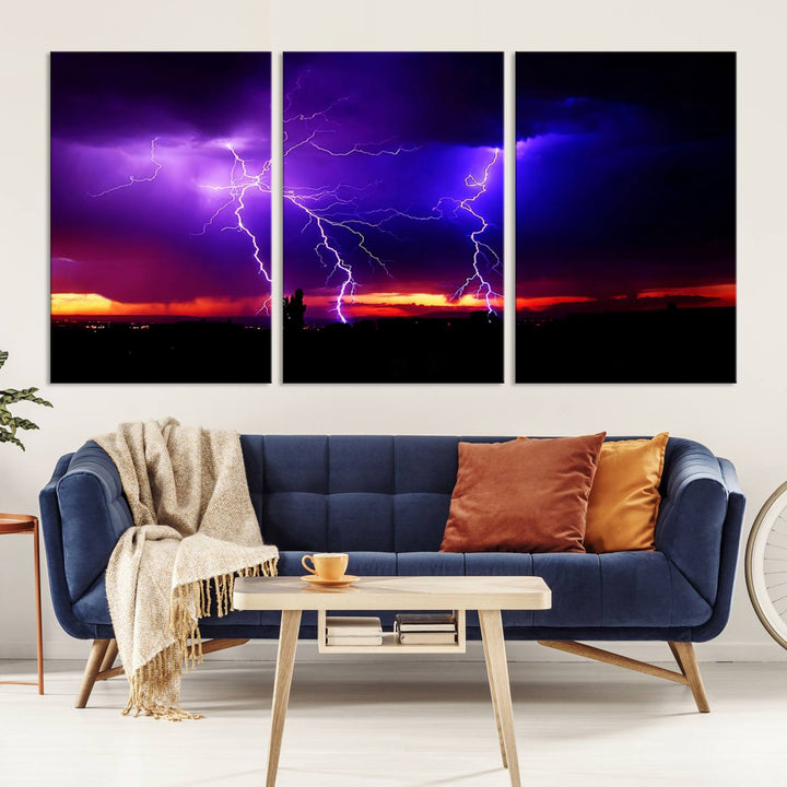 Electrifying Sunset Thunderstorm Canvas Print – Dramatic Lightning and Vibrant Sunset Wall Art