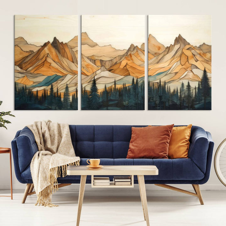 Rustic wood mountain wall art triptych featuring a handcrafted forest and mountain design. Giclee print, ready-to-hang nature-inspired decor.