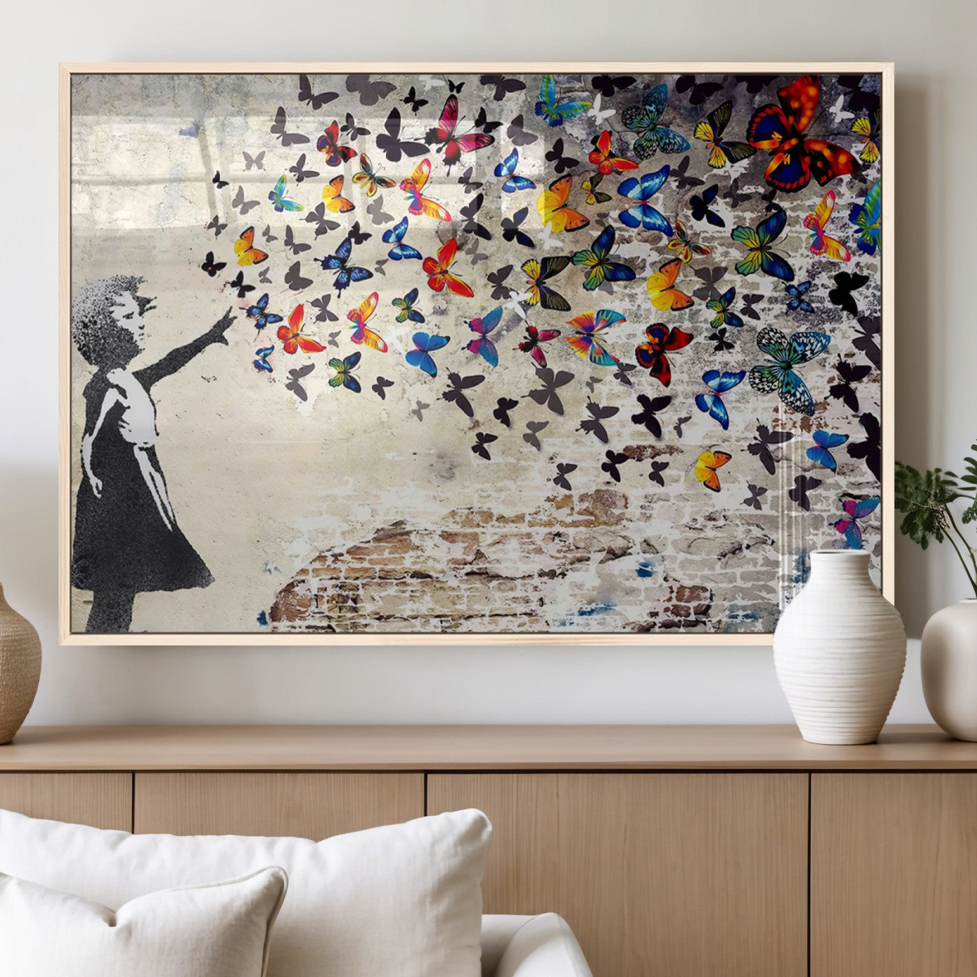 MGV-FP-36X24-3P - Banksy Graffiti Wall Art Canvas Print: Girl Releasing Vibrant Butterflies – Ready to Hang