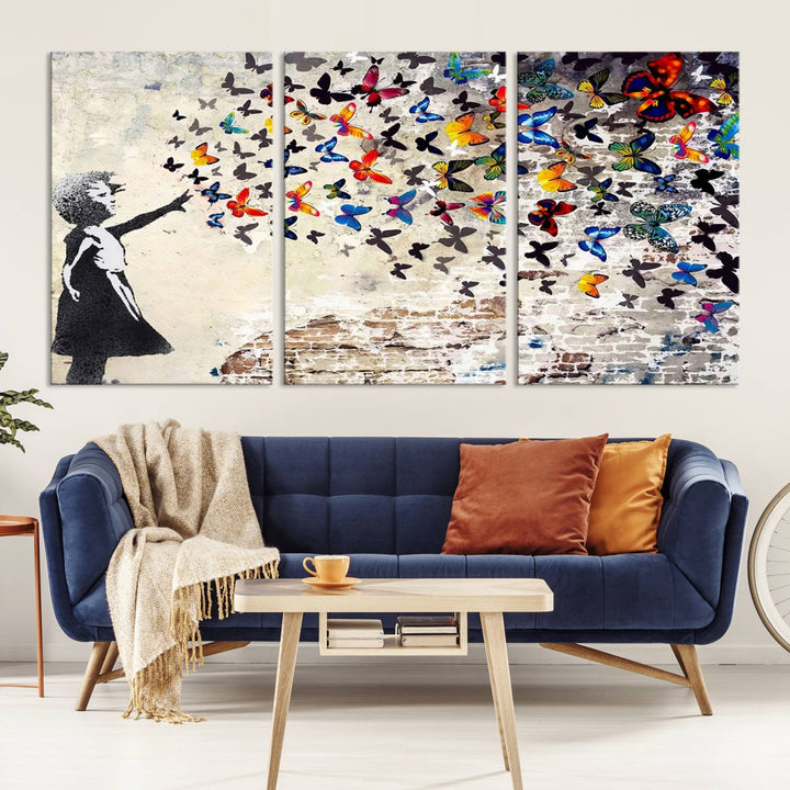 Banksy Style Girl with Butterflies Wall Art - Beautiful Framed Ready-to-Hang Triptych Canvas - Vibrant Butterfly Street Art for Modern Decor