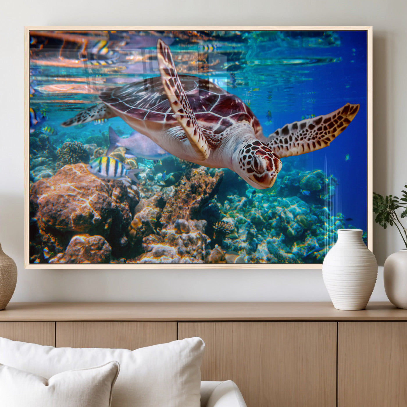 MGV-FP-36X24-3P - Underwater Coral Reef Sea Turtle Wall Art Canvas Print, Vibrant Marine Life | Colorful Ocean Scene