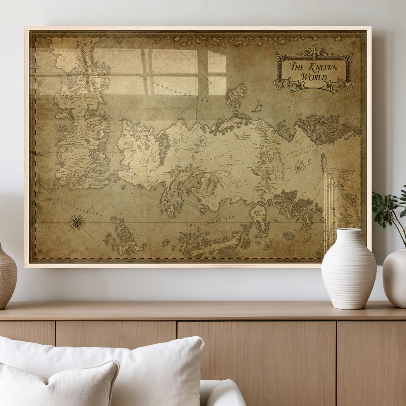MGV-FP-36X24-3P - Vintage Game of Thrones Map Wall Art | Westeros and Essos Antique Style Print | The Known World in Triptych Canvas | Giclee Canvas for Fantasy Lovers