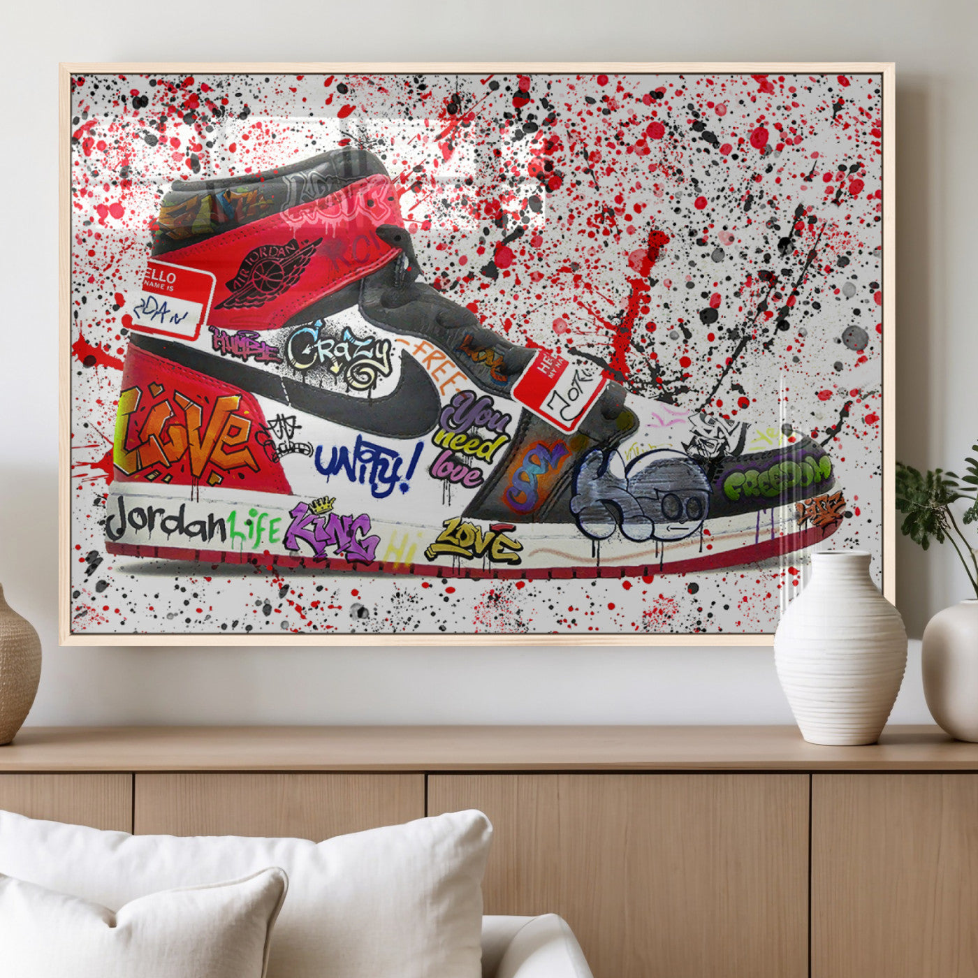 MGV-FP-36X24-3P - Jordan Shoes Graffiti Wall Art Canvas Print- Jordan Graffiti Canvas Wall Art - Framed Perfect for Sneaker heads and Urban Art Lovers