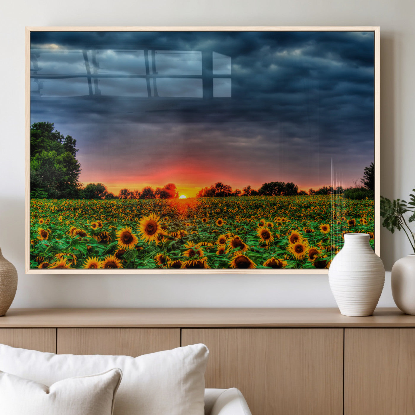 MGV-FP-36X24-3P - Golden Sunflower Field at Sunset – Breathtaking Sky and Vibrant Flowers, Ready to Hang Wall Art