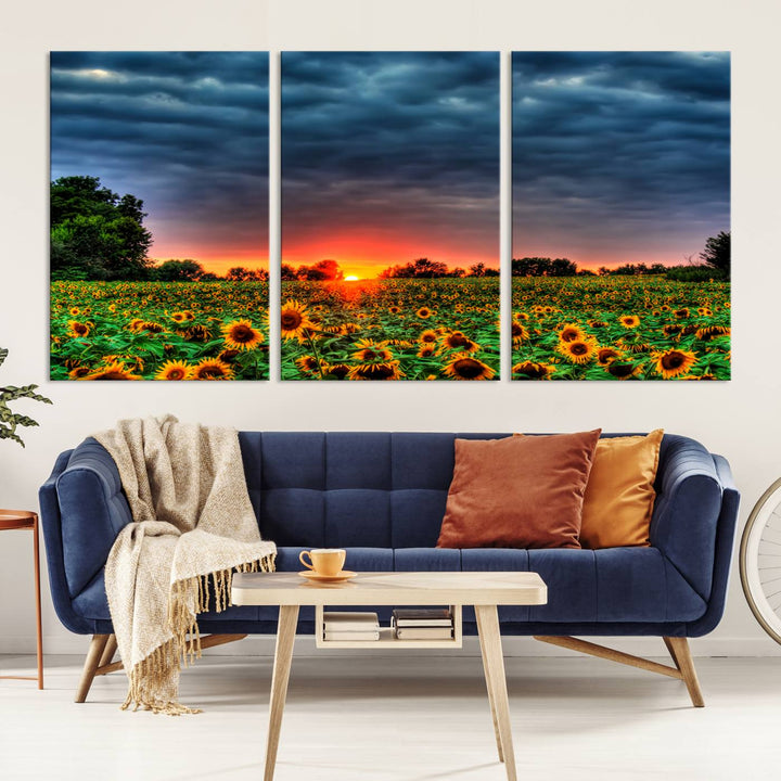 Golden Sunflower Field at Sunset – Breathtaking Sky and Vibrant Flowers, Ready to Hang Wall Art Canvas Print