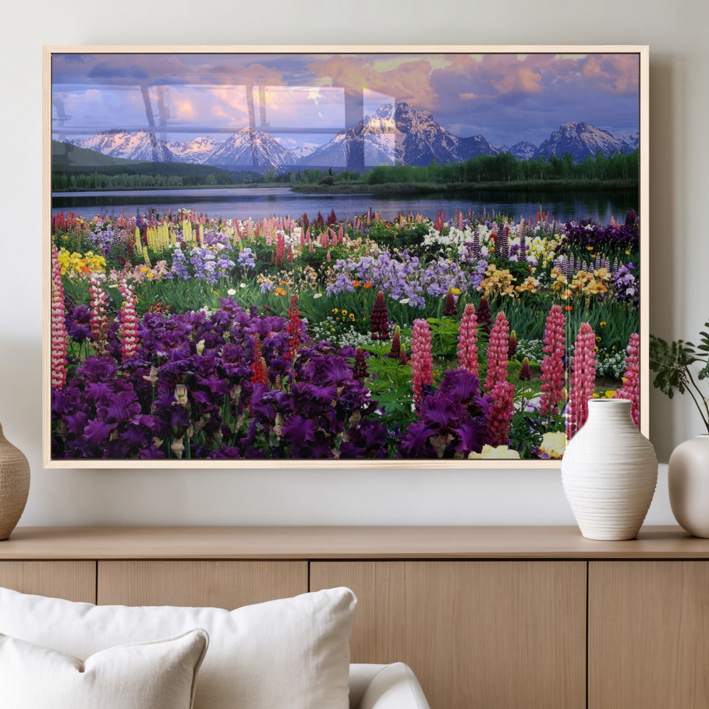 MGV-FP-36X24-3P - Vibrant Wildflower Garden and Mountain View Giclee Canvas Print | Floral Wall Art for Living Room