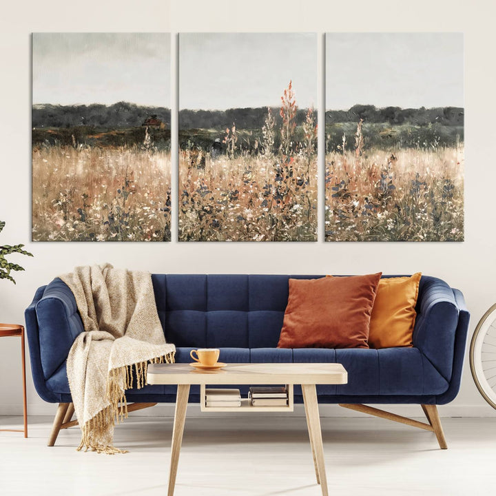 Rustic Field Landscape Triptych, Giclee Canvas Wall Art for Modern Homes, Warm Meadow and Wildflower Art Print, Large Nature Inspired Canvas Print