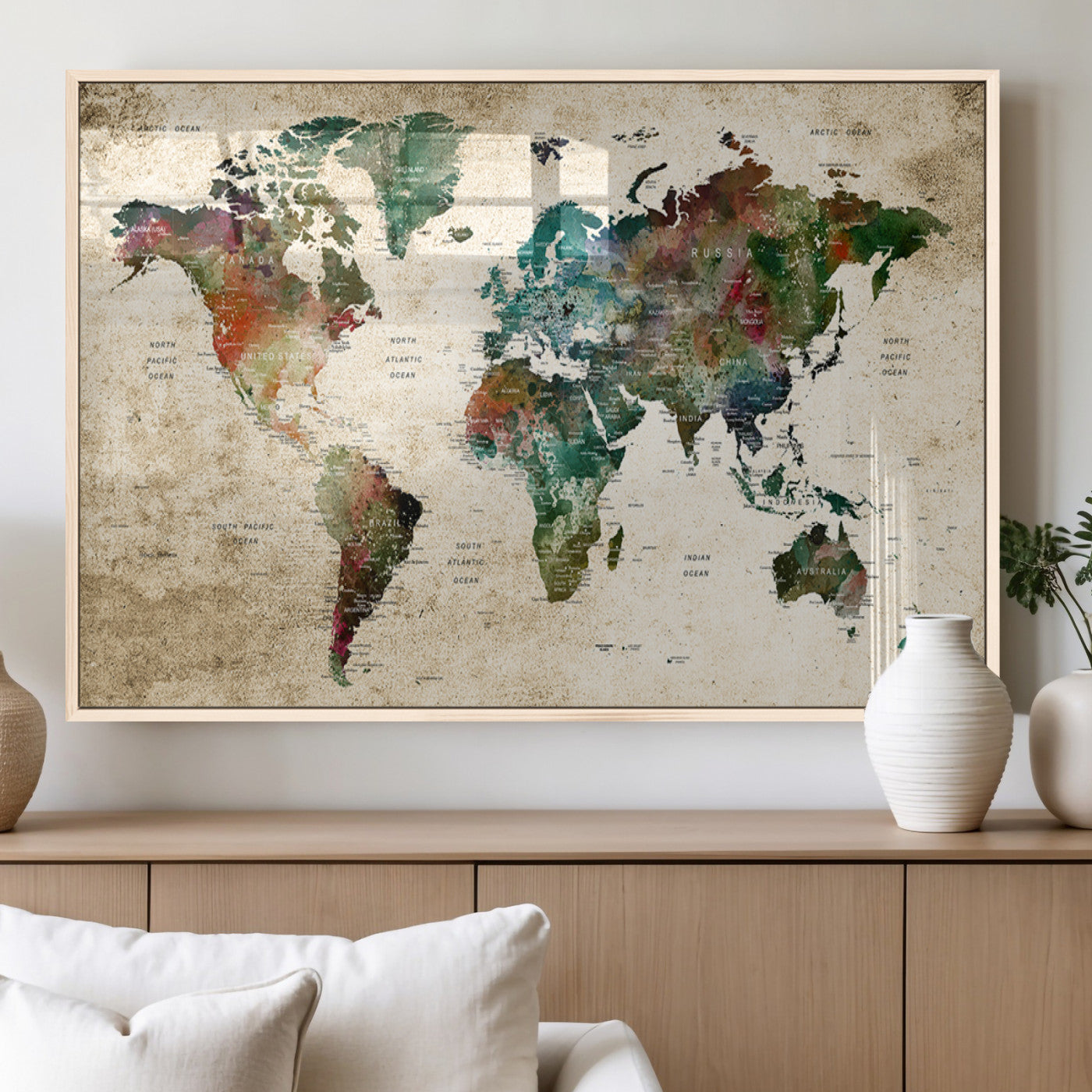 45128-MGV-FP-60X30-3P_Natural-Push Pin World Map Canvas Print – Framed Wall Art for Couples to Track Their Travels – Anniversary Gift or Home Adventure Decor