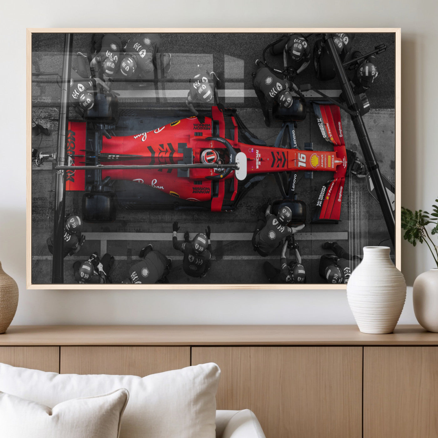 MGV-FP-60X30-3P - Ferrari Pit Stop Canvas Wall Art – Precision and Speed Captured in Bold Motorsport Imagery – Ready