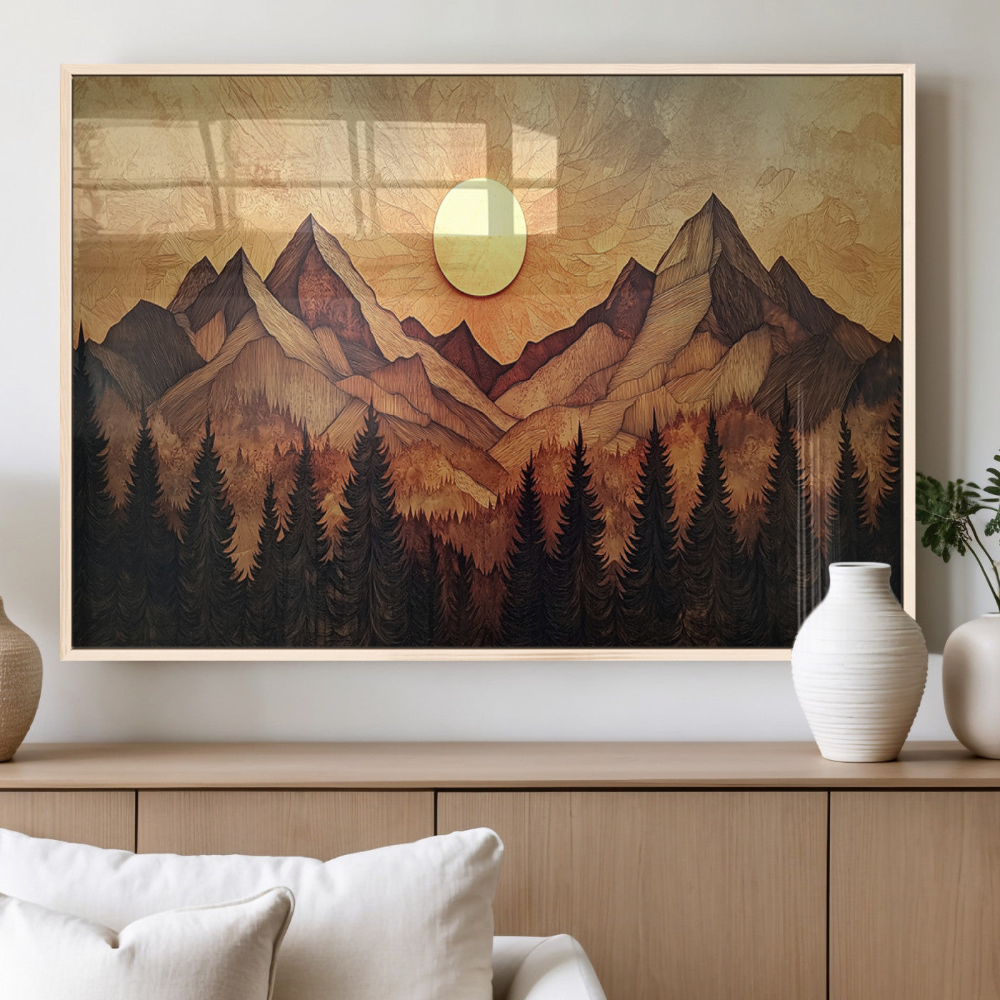 MGV-FP-60X30-3P - Wood Style Abstract Mountain Sunset Canvas Wall Art Print - Warm Earth Nature-Inspired Decor for
