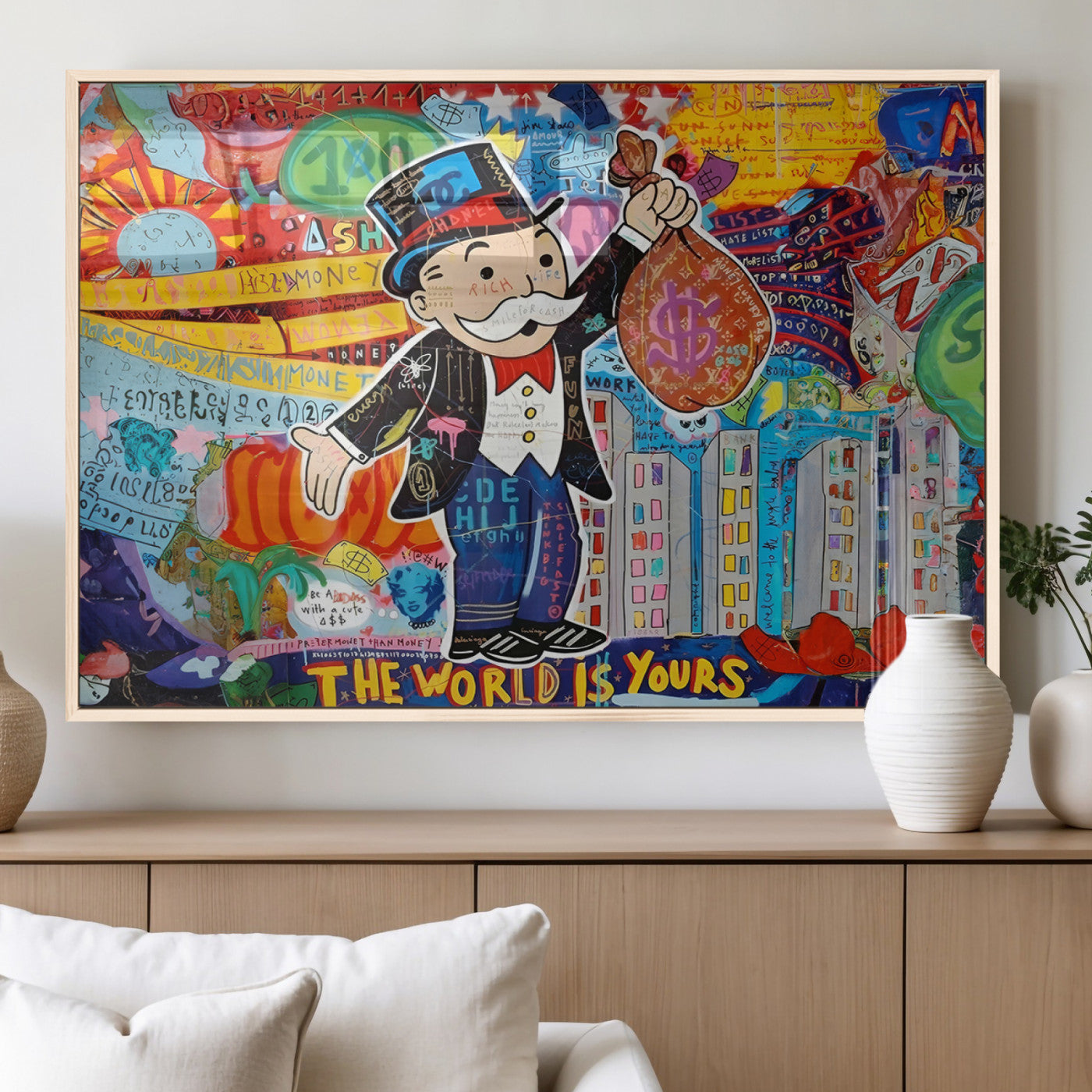 MGV-FP-60X30-3P - Pop Art Monopoly Man Canvas Wall Art Print - Bold and Colorful Street Art-Inspired Decor for Living