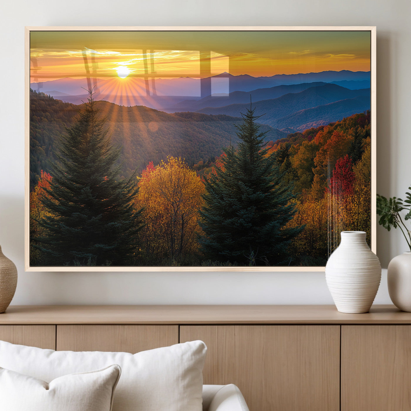 MGV-FP-60X30-3P - Golden Sunset Over Mountain Forest Canvas Wall Art Print - Warm Nature-Inspired Landscape for Living