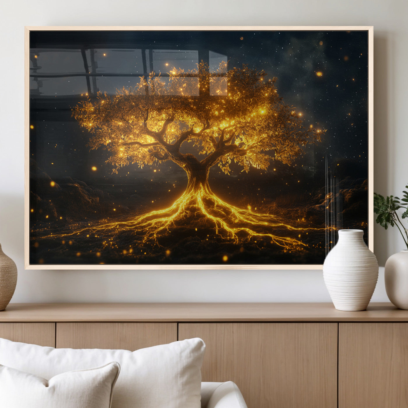 MGV-FP-60X30-3P - Golden Tree of Life Canvas Wall Art Print - Majestic Glowing Tree Design for Living Room, Office, or