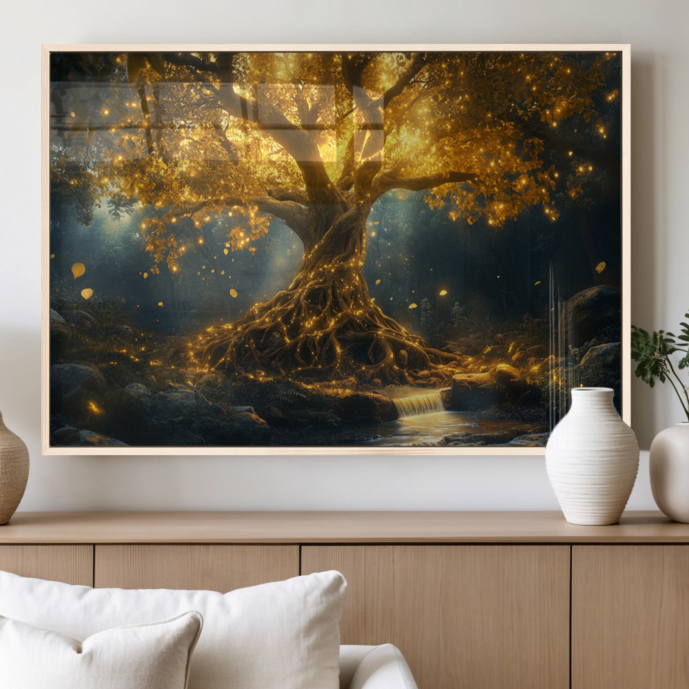 MGV-FP-60X30-3P - Golden Tree of Life Canvas Wall Art Print - Majestic Glowing Tree Wall Art Print