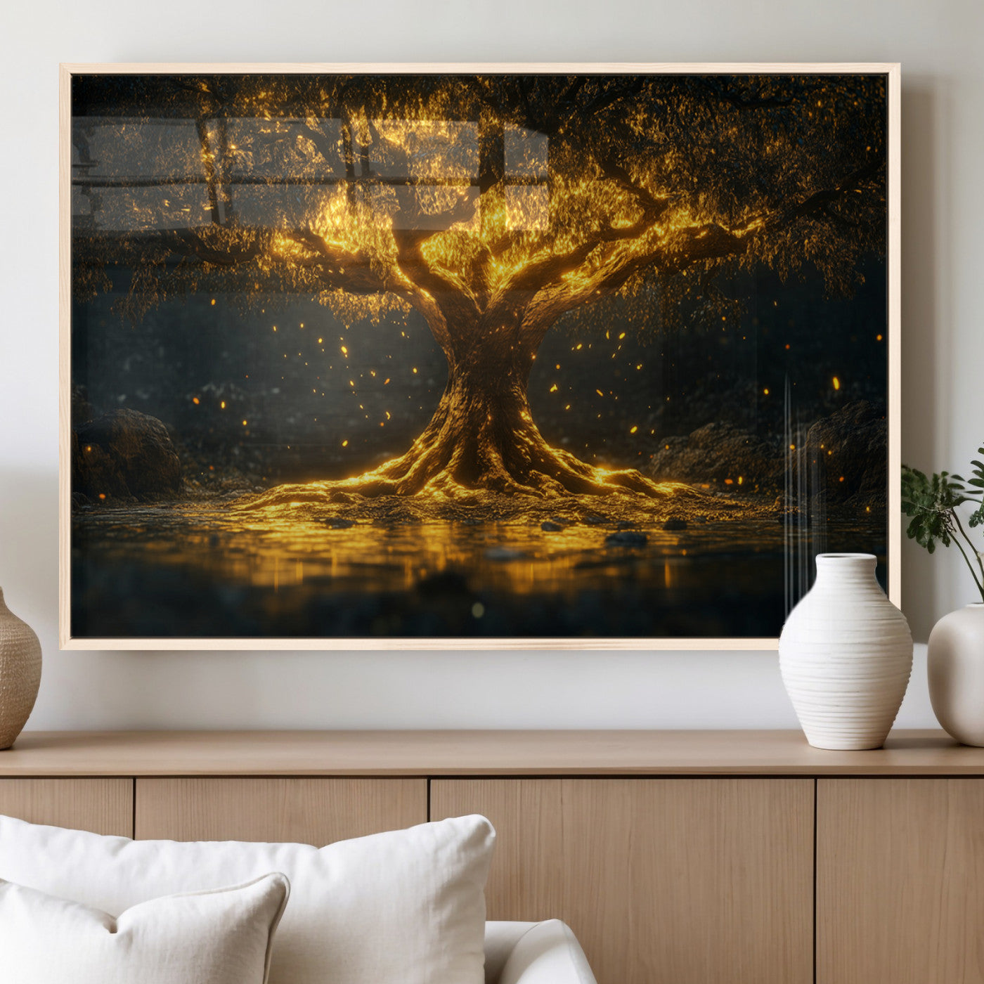 MGV-FP-36X24-3P - Golden Tree of Life Canvas Wall Art Print - Majestic Glowing Tree Wall Art Print