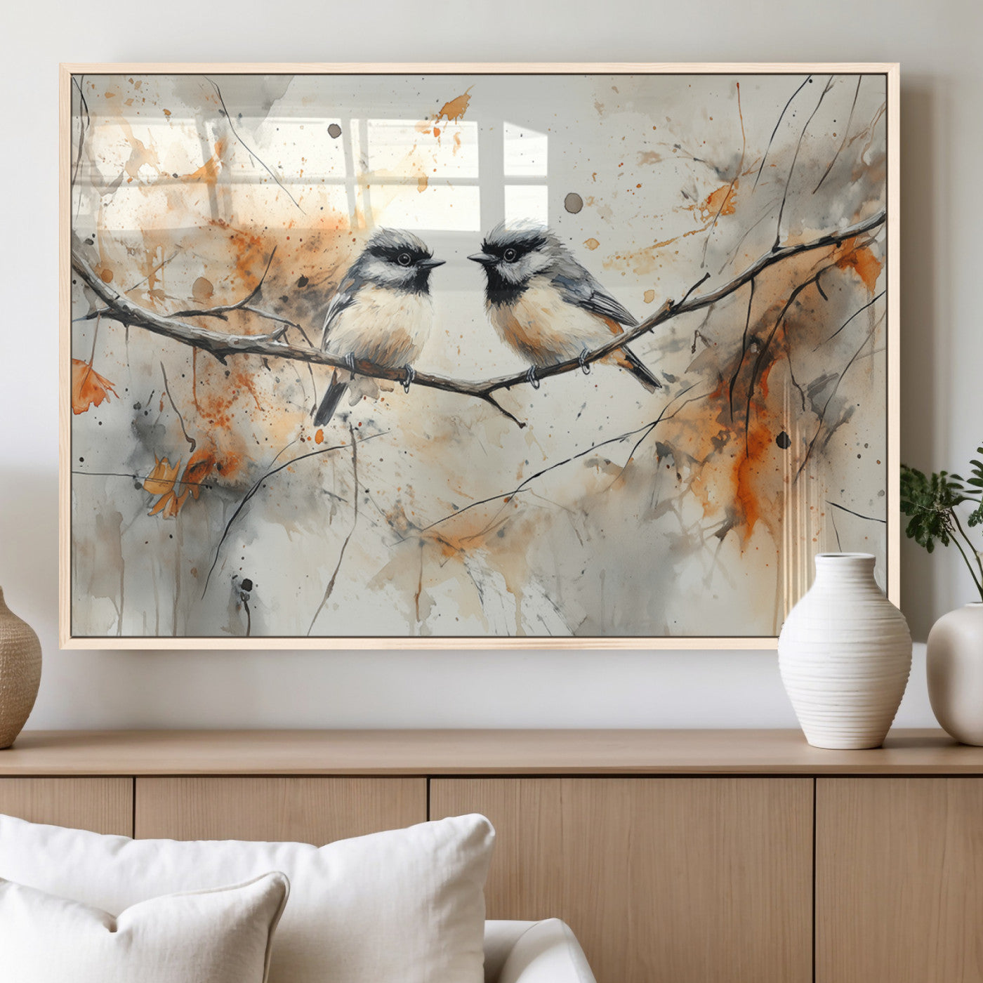 MGV-FP-60X30-3P - Abstract Watercolor Chickadee Bird Canvas Wall Art Print - Large Bird and Branch Wall Art, Modern