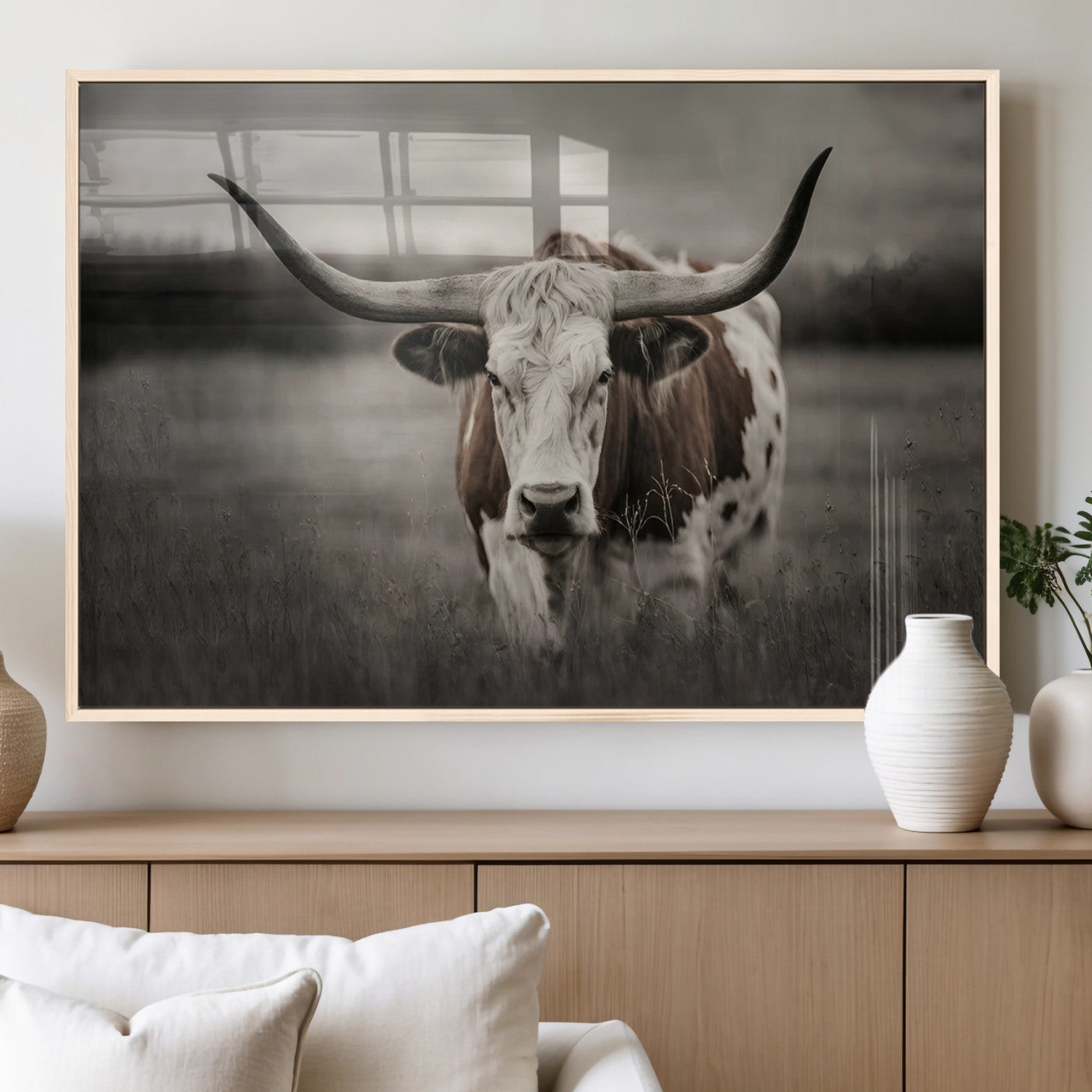 MGV-FP-60X30-3P - Texas Longhorn Cow Canvas Wall Art Print - Large Rustic Longhorn Art for Living Room, Western Wall