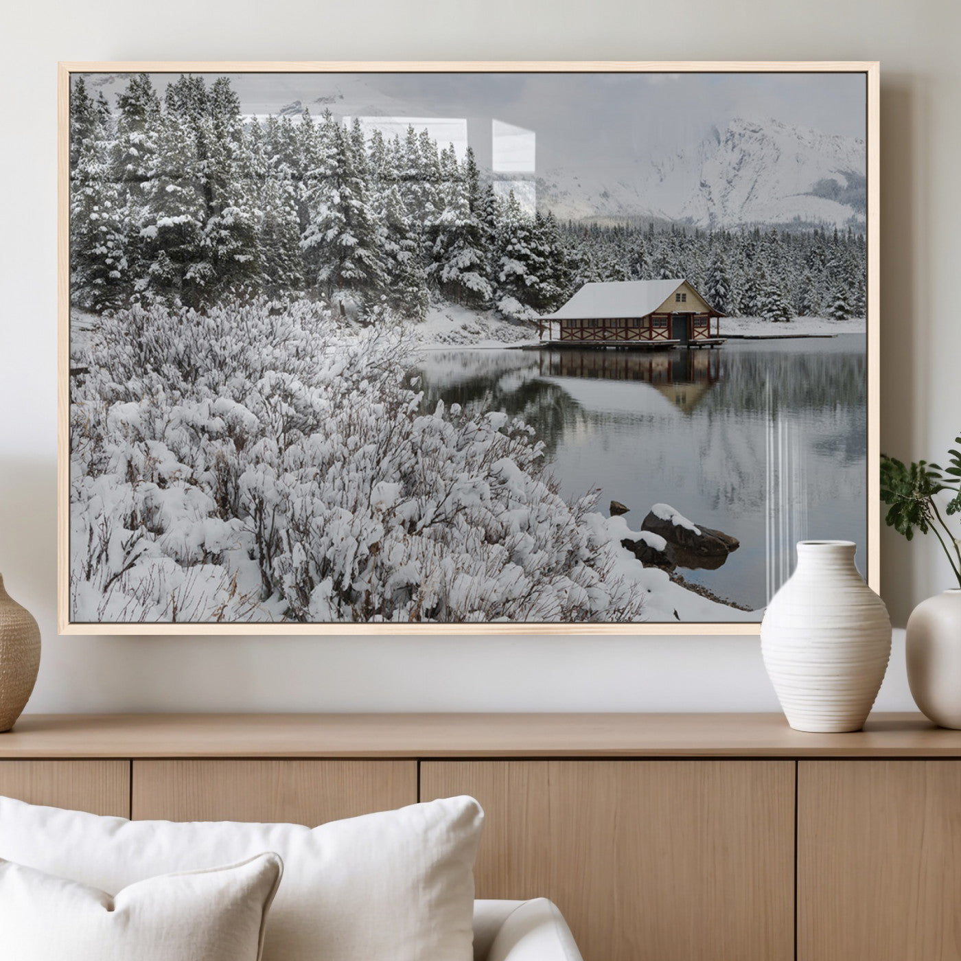 MGV-FP-60X30-3P - Winter Wall Art - Cabin by the Lake Canvas Wall Art - Serene Snowy Landscape with Mountain View,