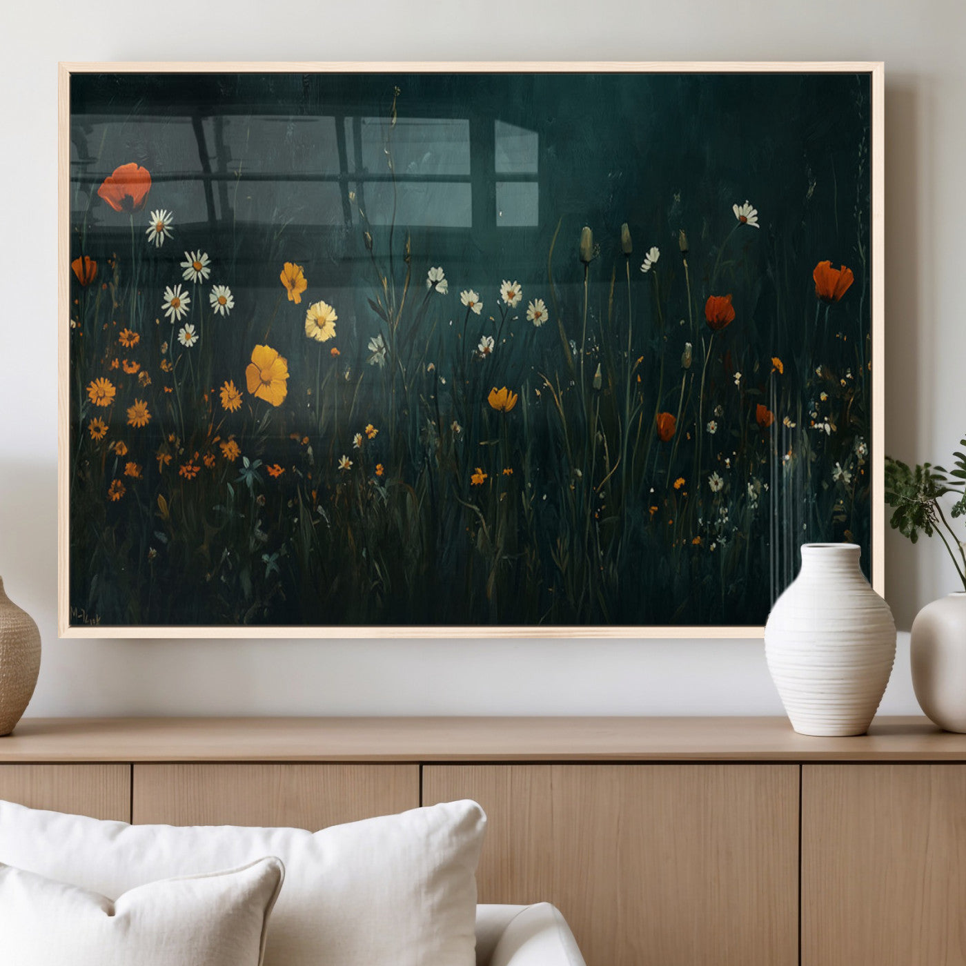 MGV-FP-60X30-3P - Framed Wildflower Field Wall Art, Framed Vintage Botanical Landscape Sign, Floral Decor, Modern