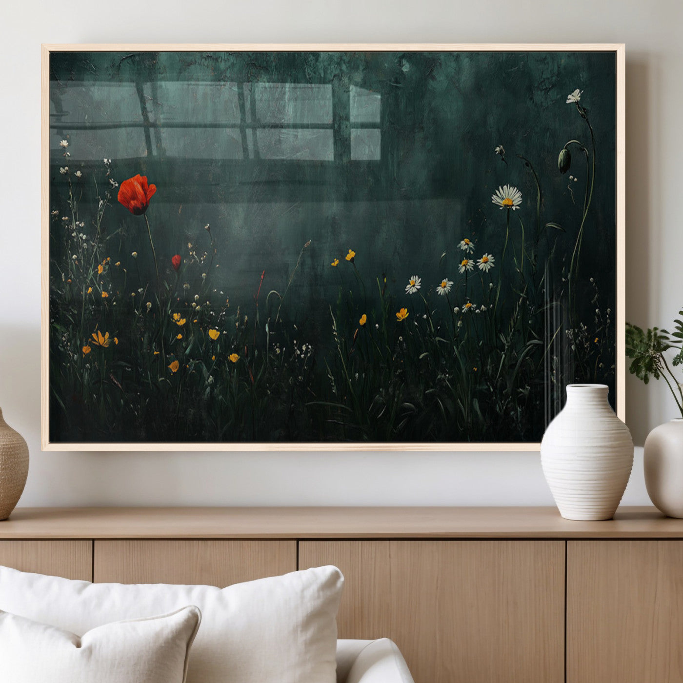 MGV-FP-60X30-3P - Wildflower Field Framed Wall Art, Vintage Botanical Landscape Sign, Botanical Wall Art, Modern