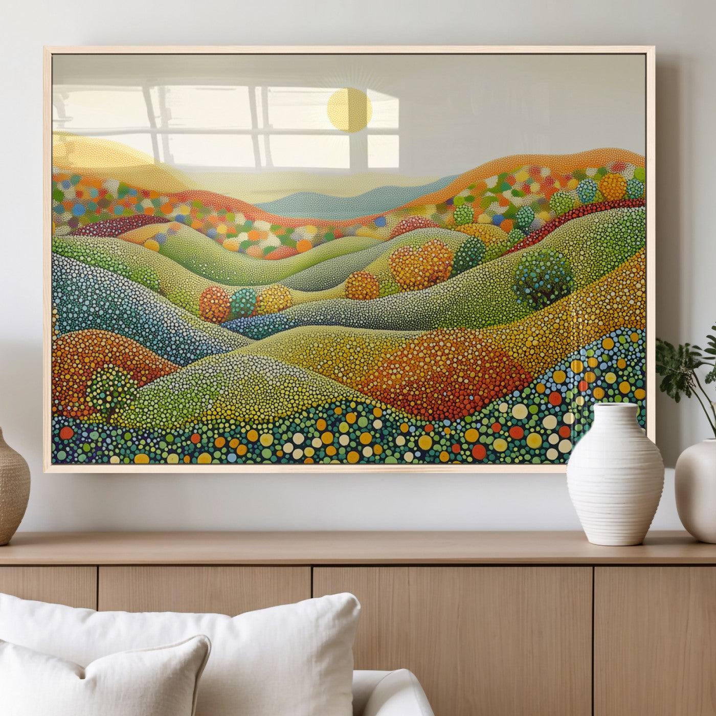 MGV-FP-60X30-3P - YAYOI KUSAMA Wall Art - Colorful Dot Art Landscape Canvas, Framed Japanese Dot Art