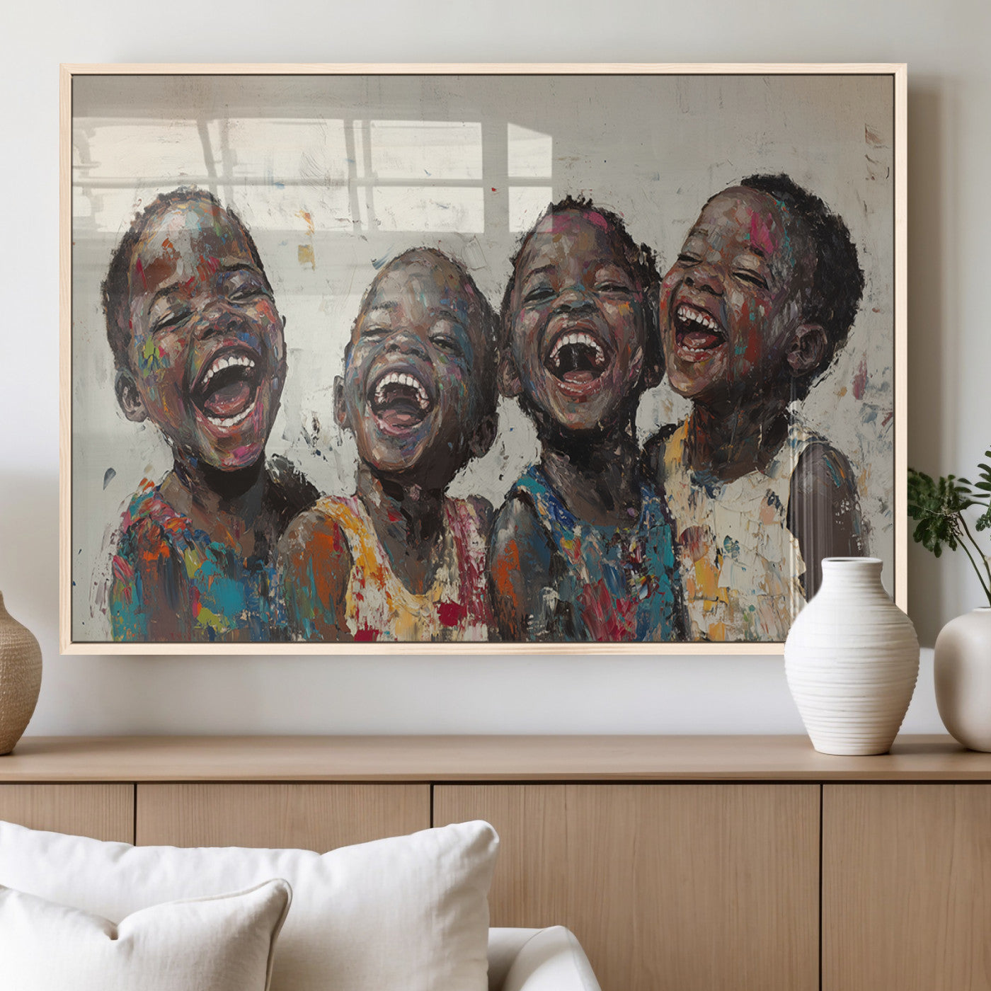 85256-MGV-FP-36X24-3P_Natural-Shai Yossef Print - Joyful Childhood Canvas Wall Art - Expressive Impasto Painting of Laughing