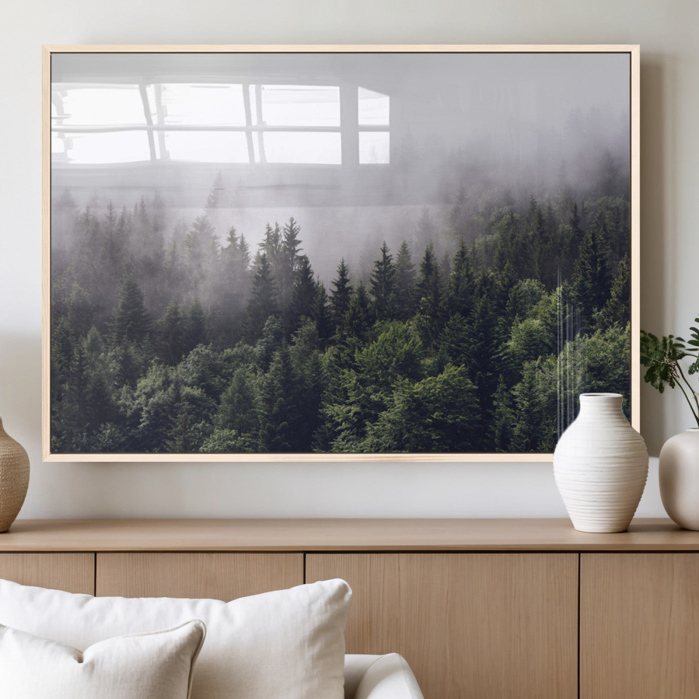 MGV-FP-60X30-3P - Misty Forest Wall Art | Foggy Forest Canvas Print | Large Nature-Inspired Misty Tree Landscape for