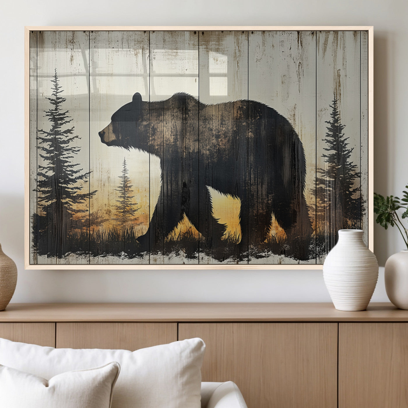 83875-MGV-FP-60X30-3P_Natural-Vintage Bear Wall Art Canvas Print for Farmhouse - Mountain Wood Canvas Wall Art - Forest Silhouette