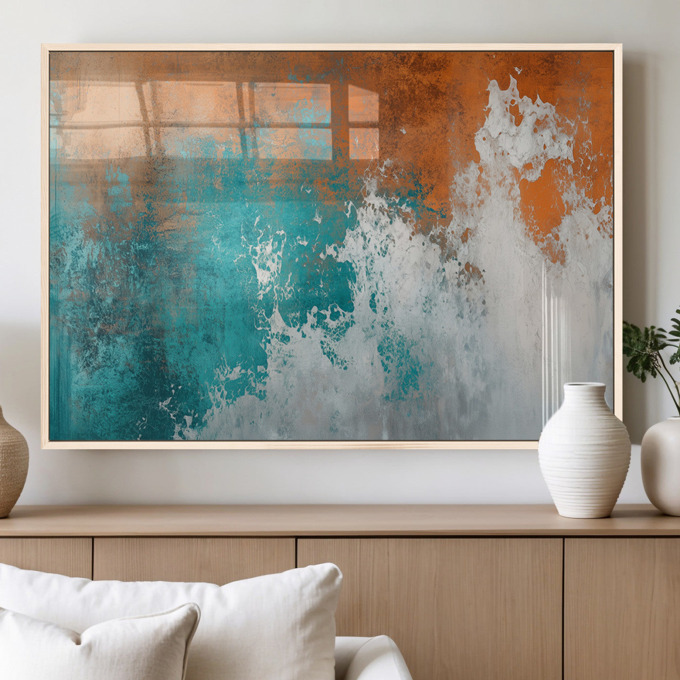 MGV-FP-36X24-3P - Vintage Abstract Print - Bold Teal and Orange Canvas Wall Art - Retro-Vintage Abstract Orange Canvas