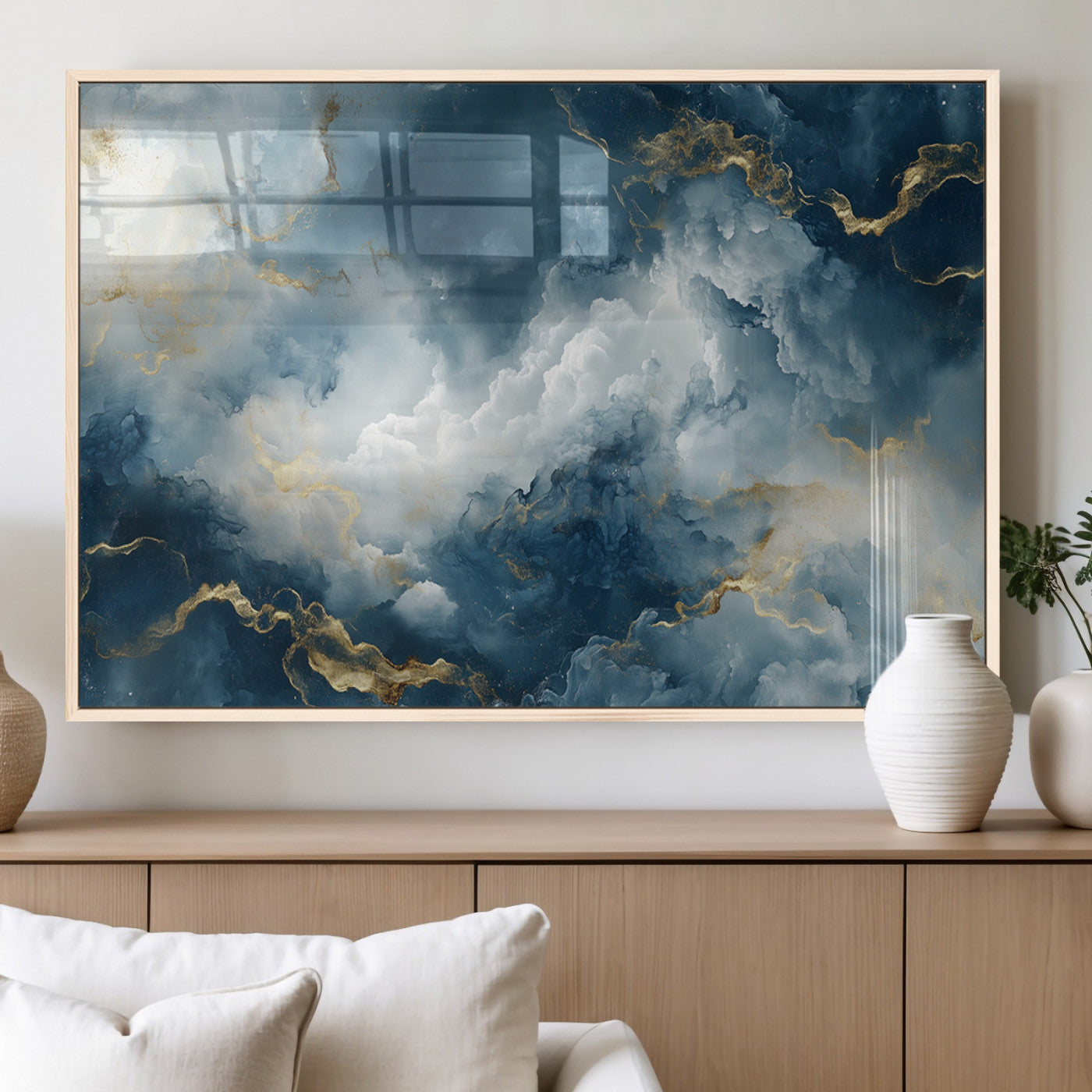 MGV-FP-60X30-3P - Large Abstract Print - Luxe Blue and Gold Abstract Canvas Wall Art - Bold Cloudscape Canvas for