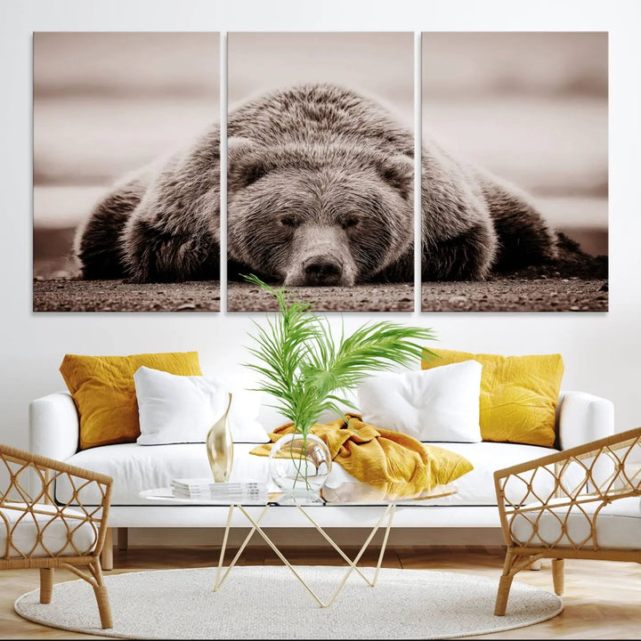 The Grizzly Bear Wall Art Print - a Rustic Bear Portrait Canvas - serves as the centerpiece on the wall, creating an elegant, nature-inspired decor.