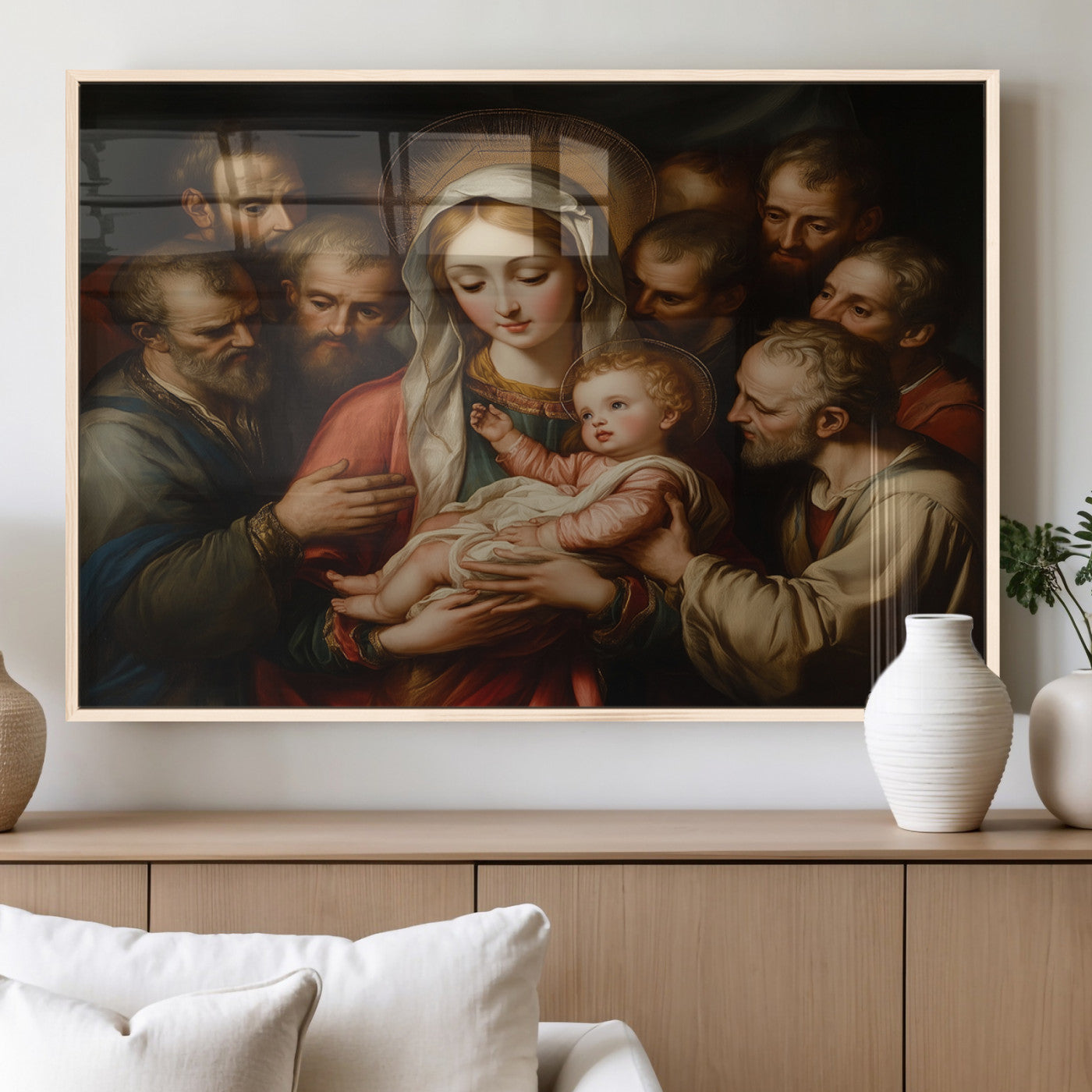 MGV-FP-60X30-3P - Religious Canvas Wall Art Print - Madonna and Child with Apostles Art Print - Classic Christian