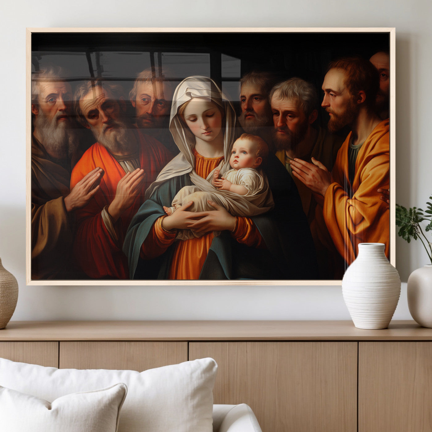 MGV-FP-60X30-3P - Religious Canvas Wall Art Print - Madonna and Child with Apostles Art Print - Classic Christian