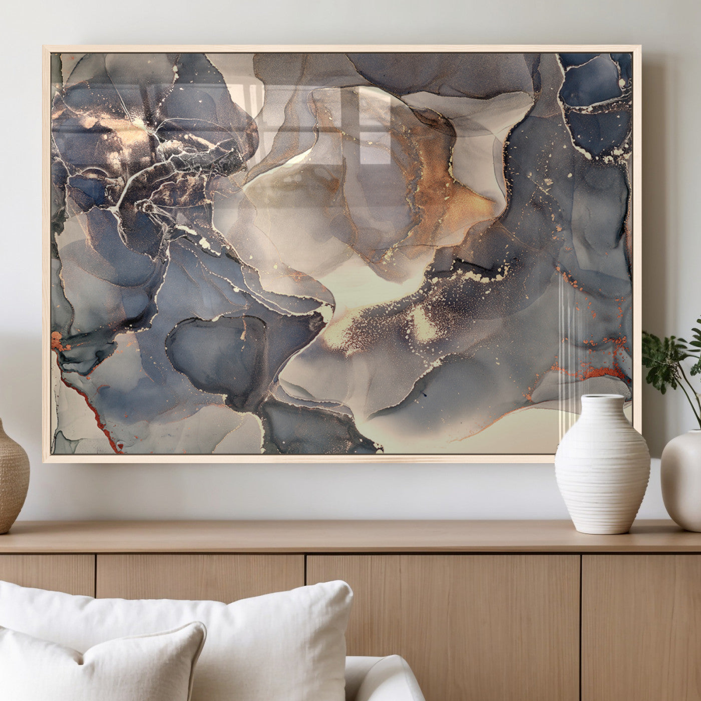 MGV-FP-60X30-3P - Abstract Blue and Gold Wall Art - Fluid Ink Artwork - Modern Luxury Wall Decor for Contemporary
