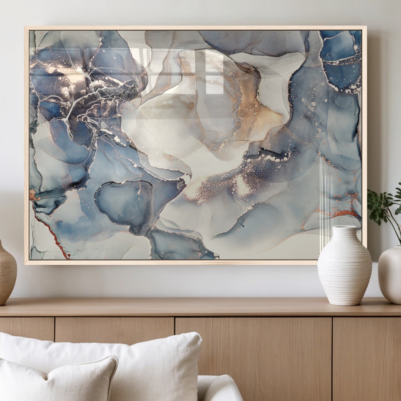 MGV-FP-36X24-3P - Abstract Blue and Gold Canvas Wall Art - Fluid Modern Ink Artwork - Modern Luxury Wall Decor for