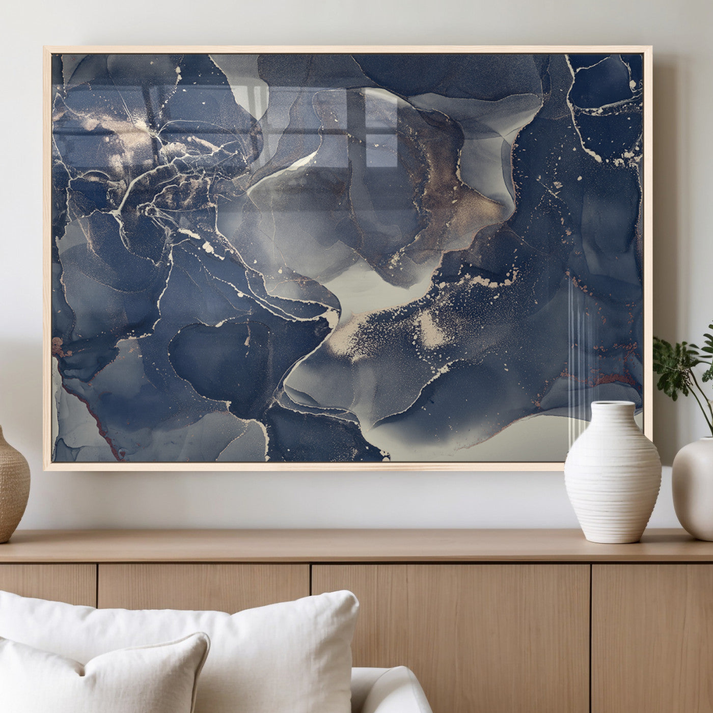MGV-FP-36X24-3P - Large Abstract Blue and Gold Canvas Wall Art | Fluid Ink Artwork Print | Luxury Wall Decor for