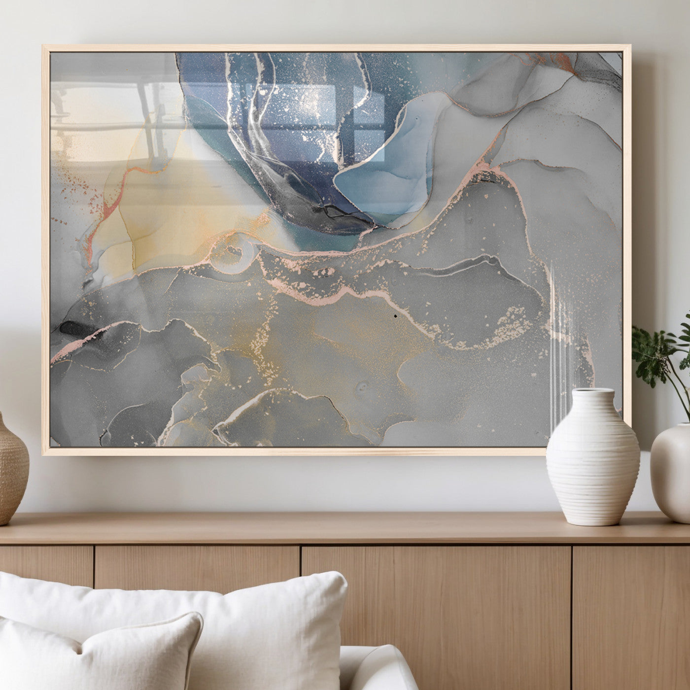 MGV-FP-36X24-3P - Large Abstract Blue and Gold Canvas Wall Art | Fluid Ink Artwork Print | Luxury Wall Decor for