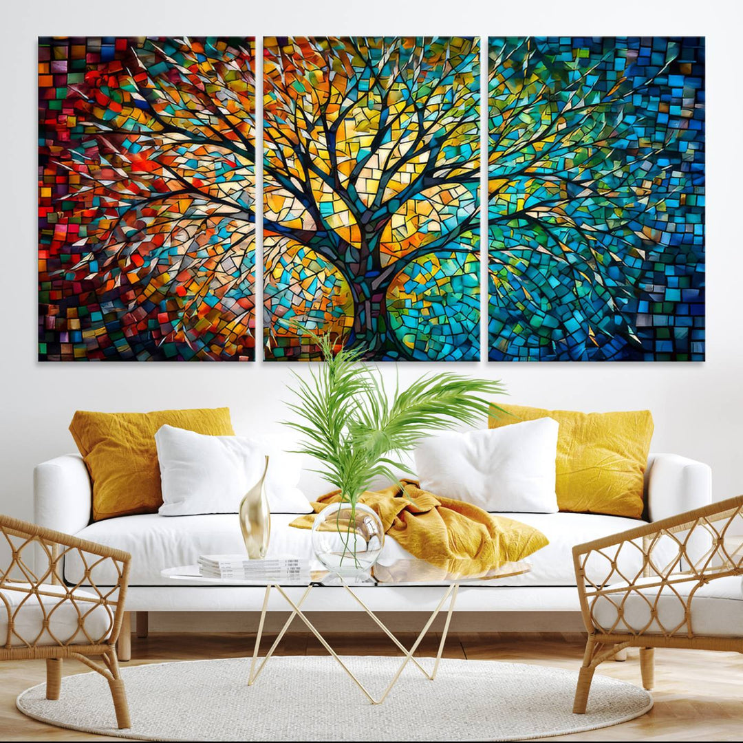 Explore the Yggdrasil Tree of Life Wall Art Print, a 3-panel canvas print made in the USA, featuring a vibrant multicolor mosaic design.