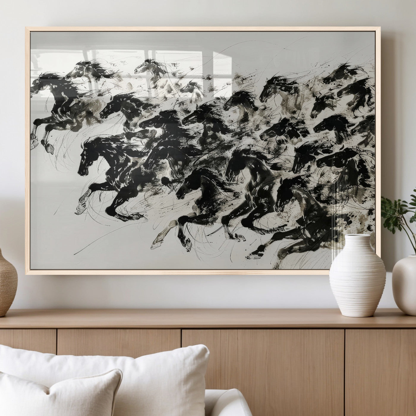 MGV-FP-60X30-3P - Abstract Horse Wall Art Canvas Print - Dynamic Black Ink Horse Print - Modern Equine Wall Decor for