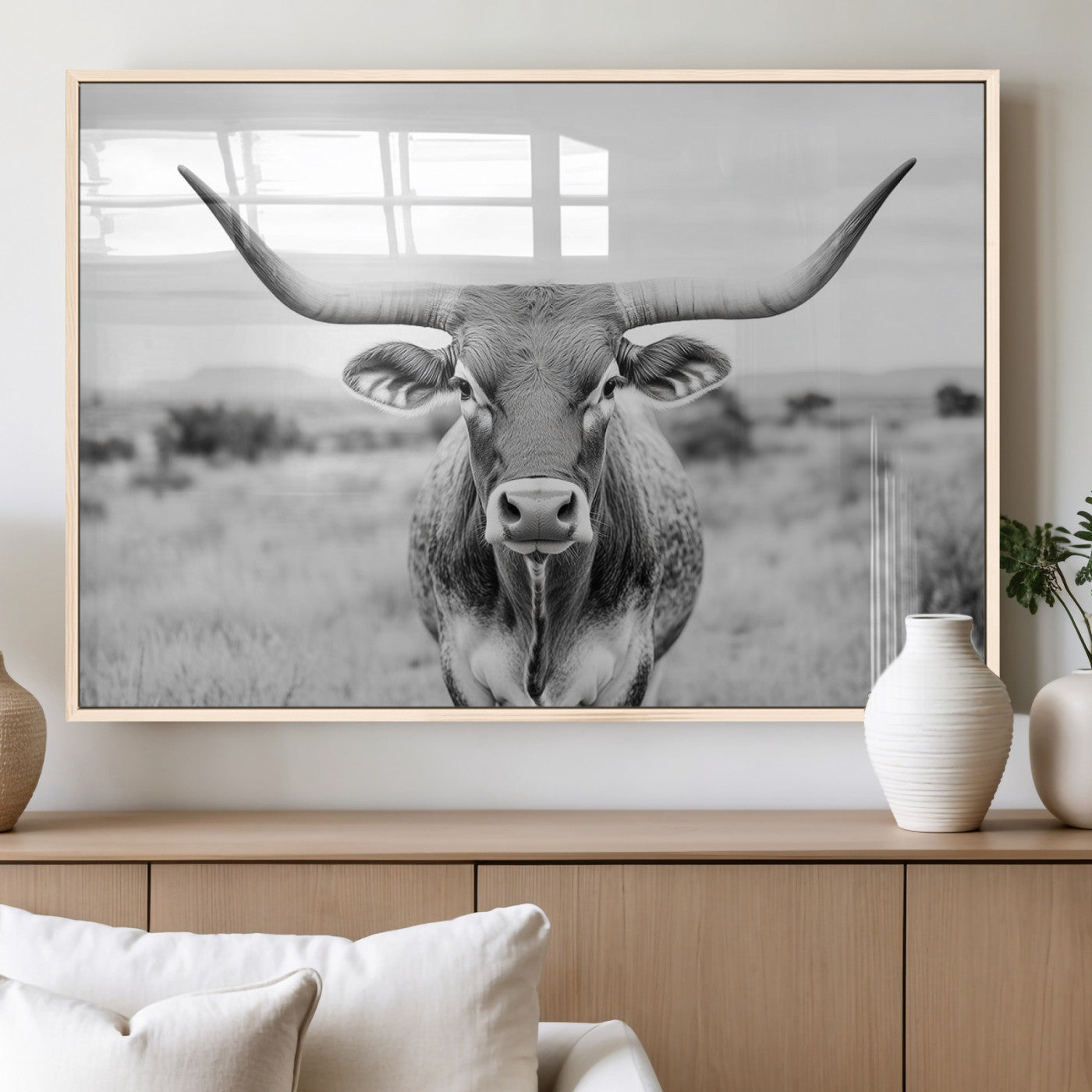 MGV-FP-60X30-3P - Highland Cow Wall Art Print - Black and White Texas Western Longhorn Canvas - Farmhouse Decor Print