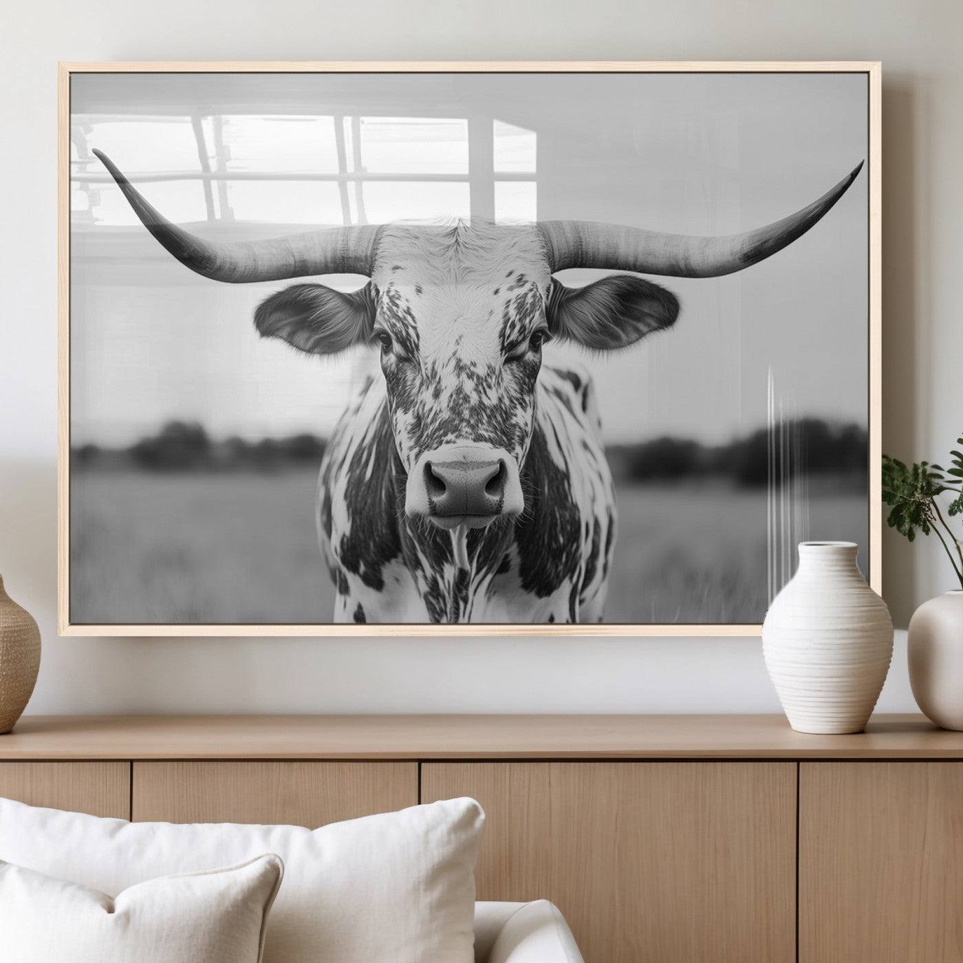 MGV-FP-60X30-3P - Highland Cow Wall Art - Black and White Western Longhorn Canvas Print - Farmhouse Living Room Decor
