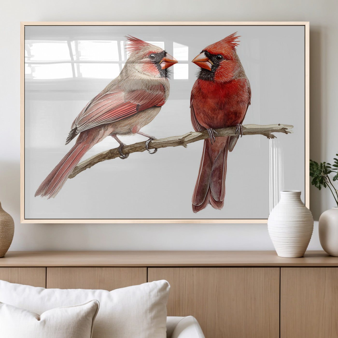 MGV-FP-60X30-3P - Cardinal Bird Canvas Wall Art - Male and Female Cardinal Print - Abstract Bird Wall Decor for Home -