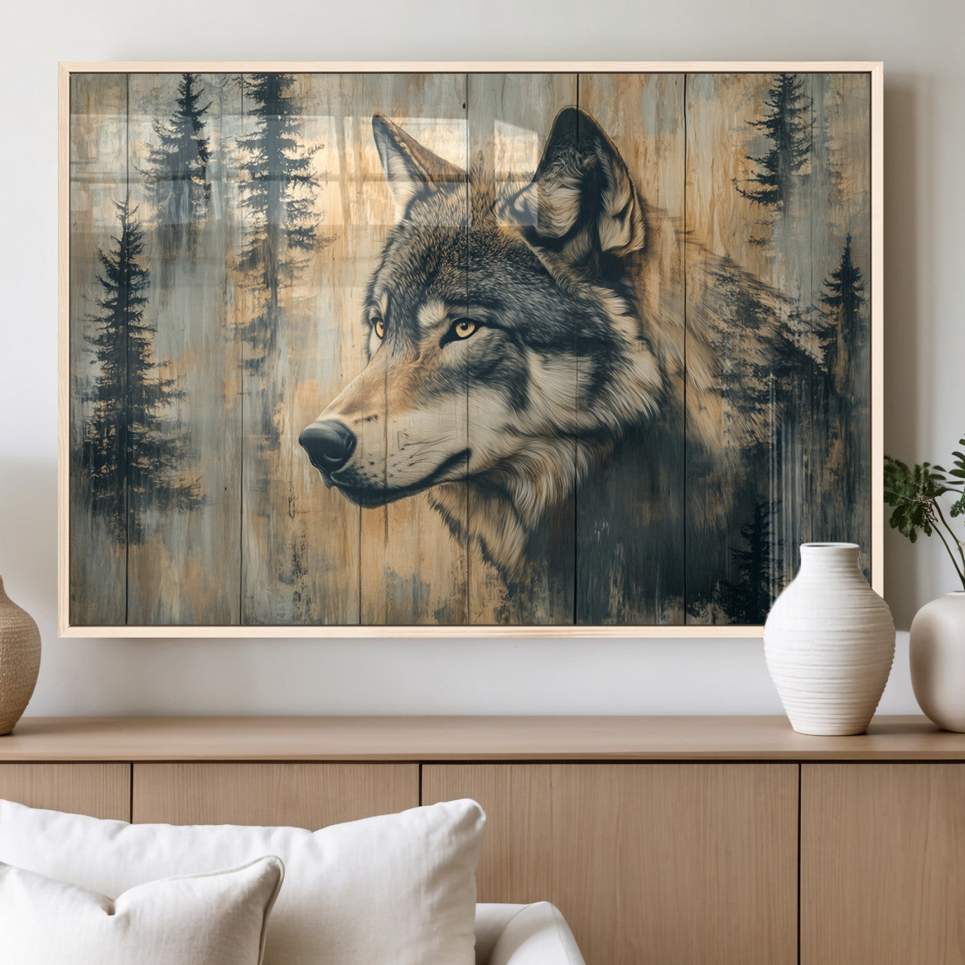 MGV-FP-60X30-3P - Wood Style Rustic Wolf Wall Art Canvas Print, Vintage Woodland Wolf Wall Art, Framed Wood Style Wolf