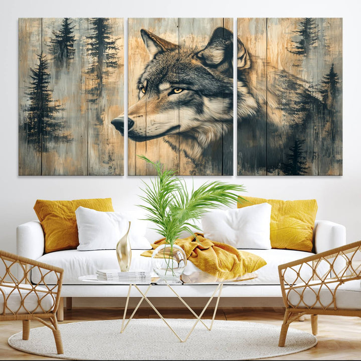 A Wood Style Rustic Wolf Wall Art Canvas Print adorns the kitchen.