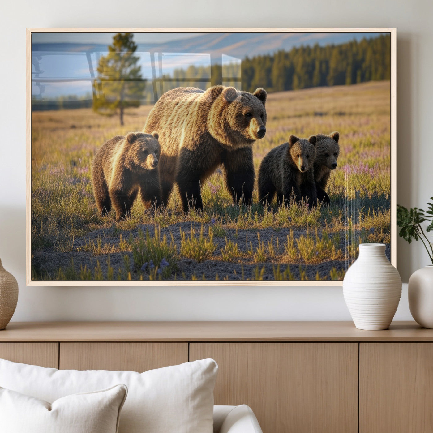 MGV-FP-60X30-3P - Grizzly 399 in Wild Flowers Wall Art Canvas Print, Grizzly Bears Wall Art, Queen of Grand Teton